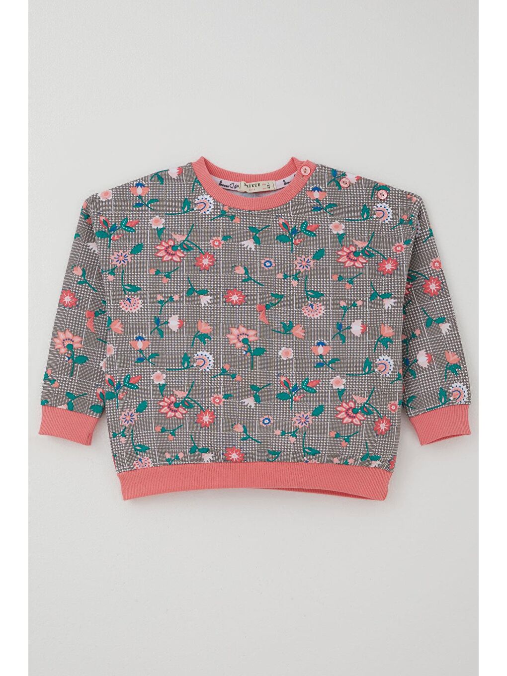 Bej Kız Bebek Eşofman Takımı Ekose Desenli Çiçek Bahçesi Vizon (9 Ay-3 Yaş)-1