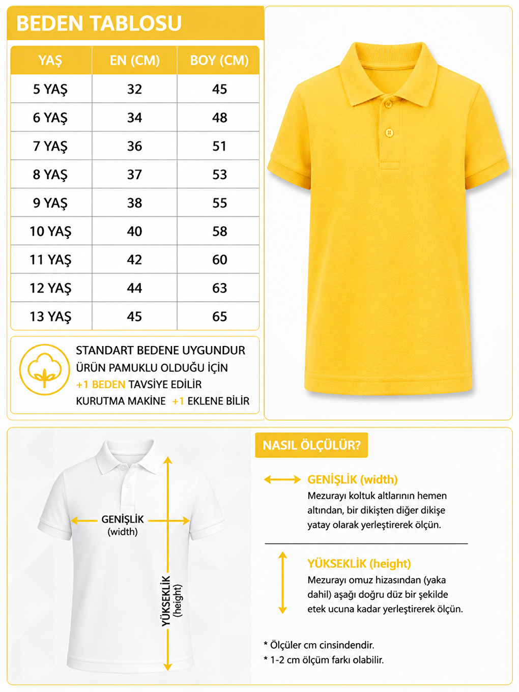 Sarı Kids Polo Yaka Basic Kısa Kollu Unisex Çocuk Tişört-1