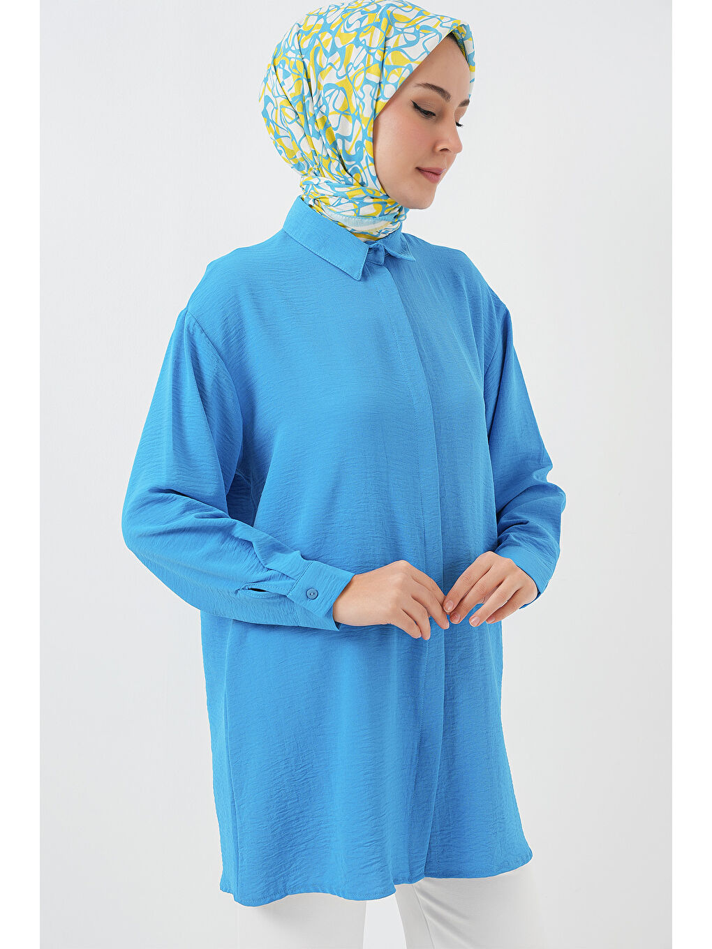 Kadın Uzun Gömlek Tunik 5945 - Mavi-3