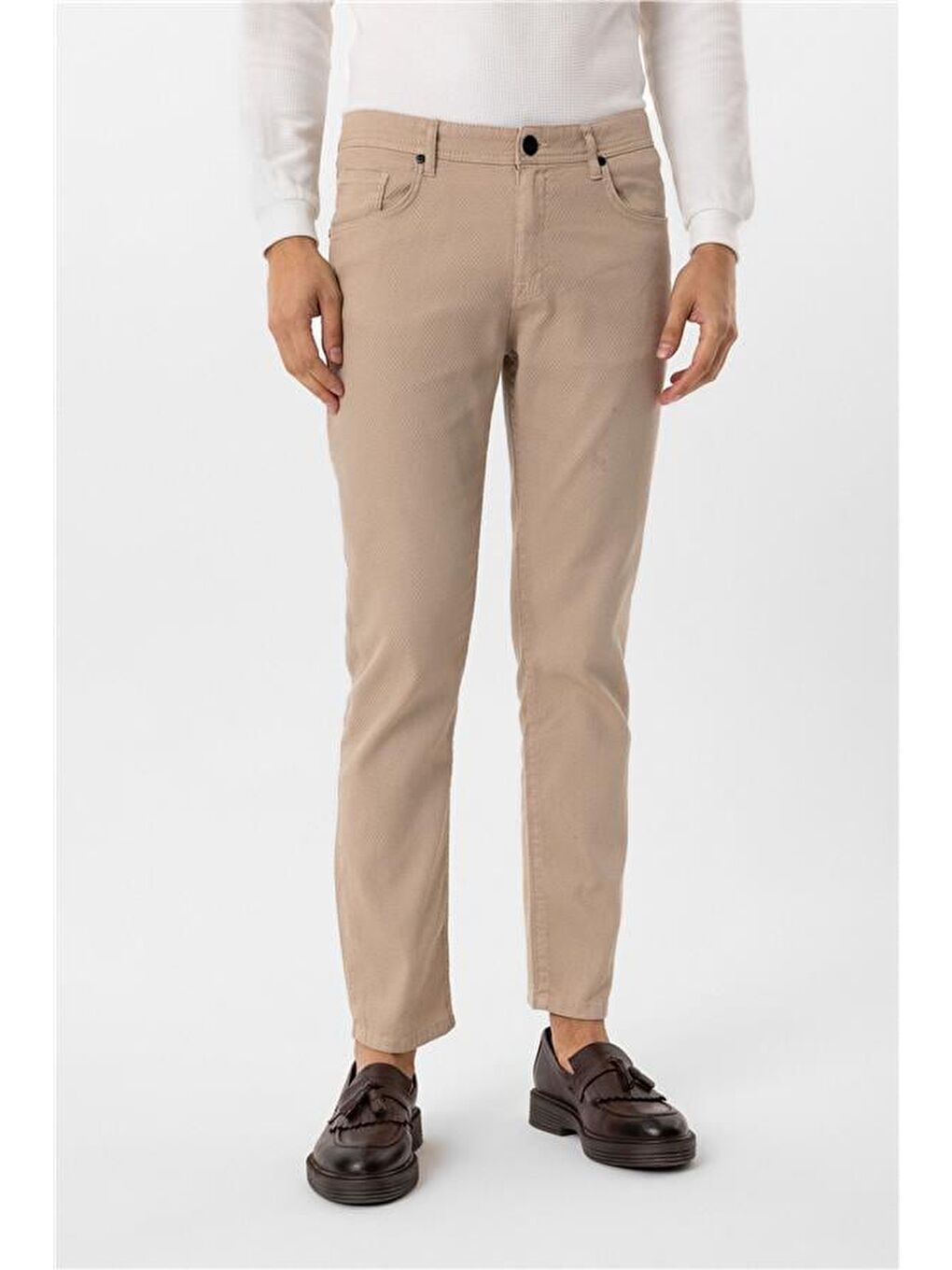 Bej Regular Armürlü Pantolon-1