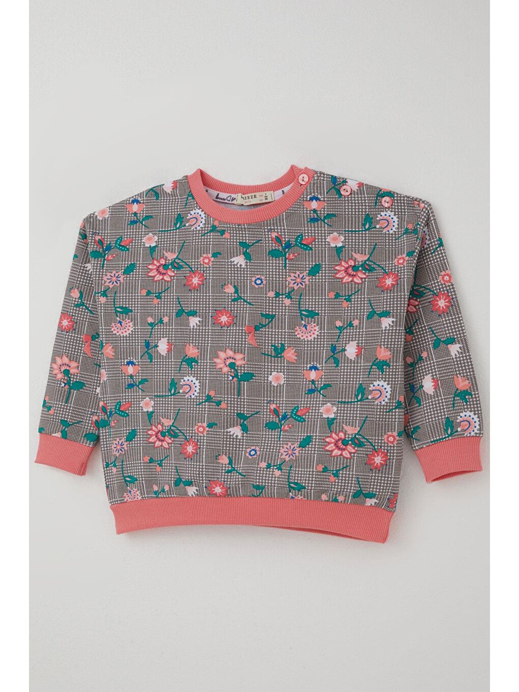 Bej Kız Bebek Eşofman Takımı Ekose Desenli Çiçek Bahçesi Vizon (9 Ay-3 Yaş)-5