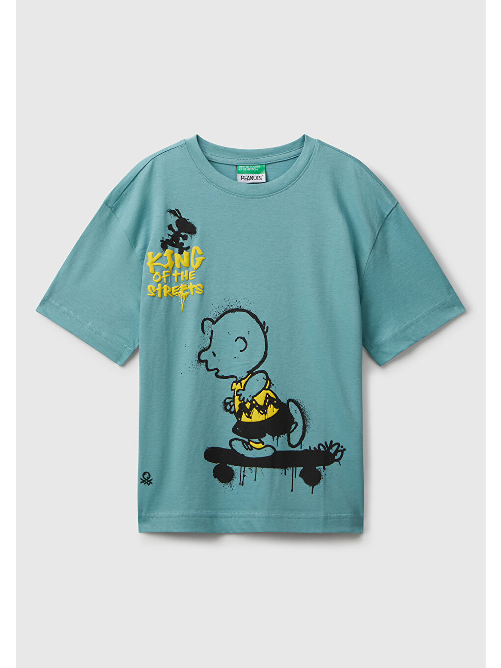 Erkek Çocuk Gri-Yeşil Çok Renkli Peanuts Baskılı Kolu Logo Etiketli Comfort Fit T-shirt