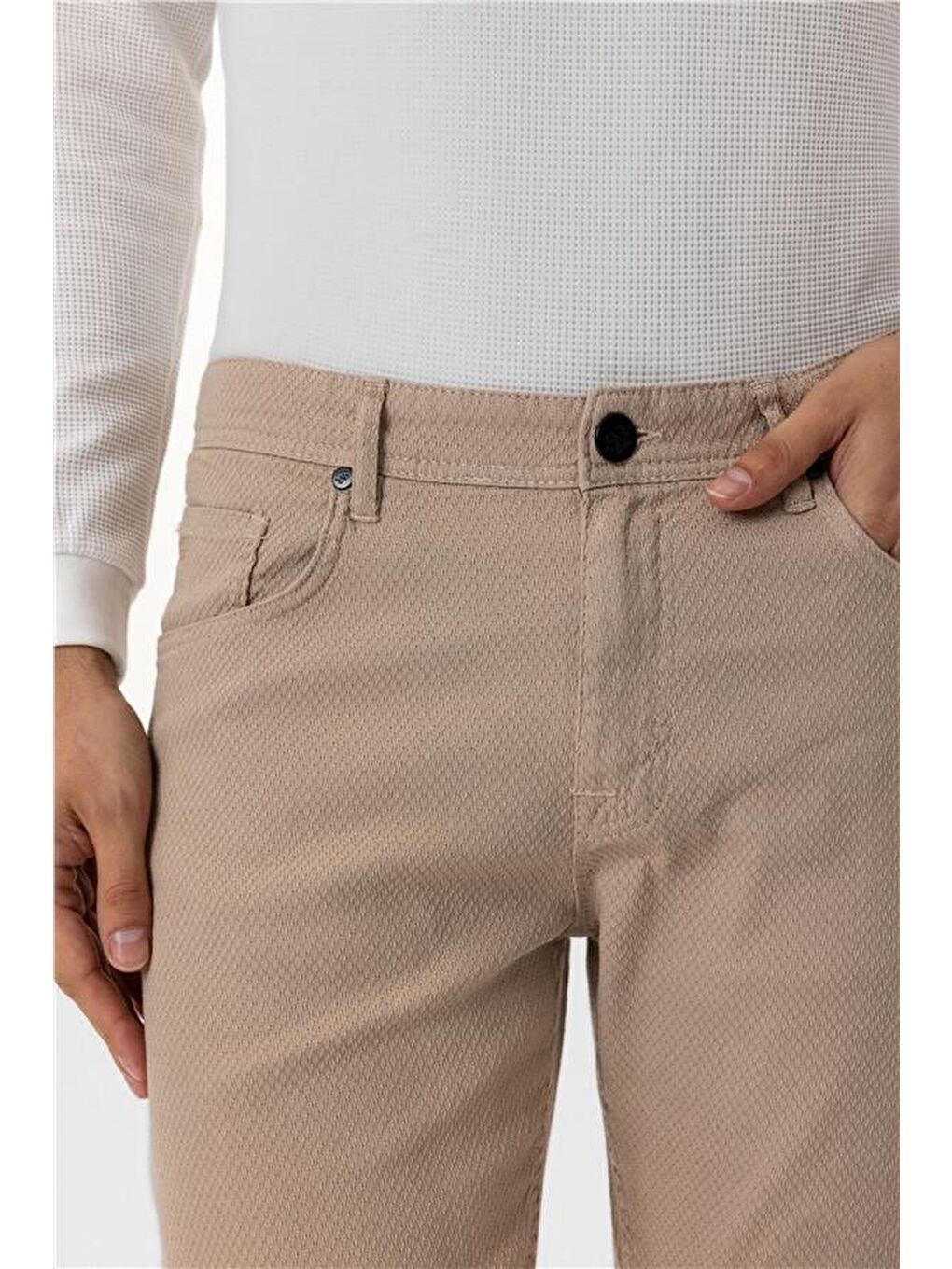 Bej Regular Armürlü Pantolon-3