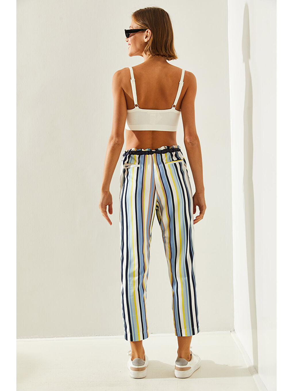 Ekru Çizgili Lastik Bel Bağlamalı Havuç Pantolon-1