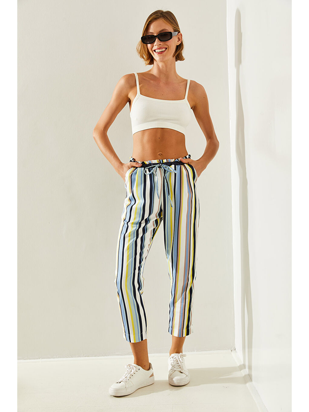 Ekru Çizgili Lastik Bel Bağlamalı Havuç Pantolon-3