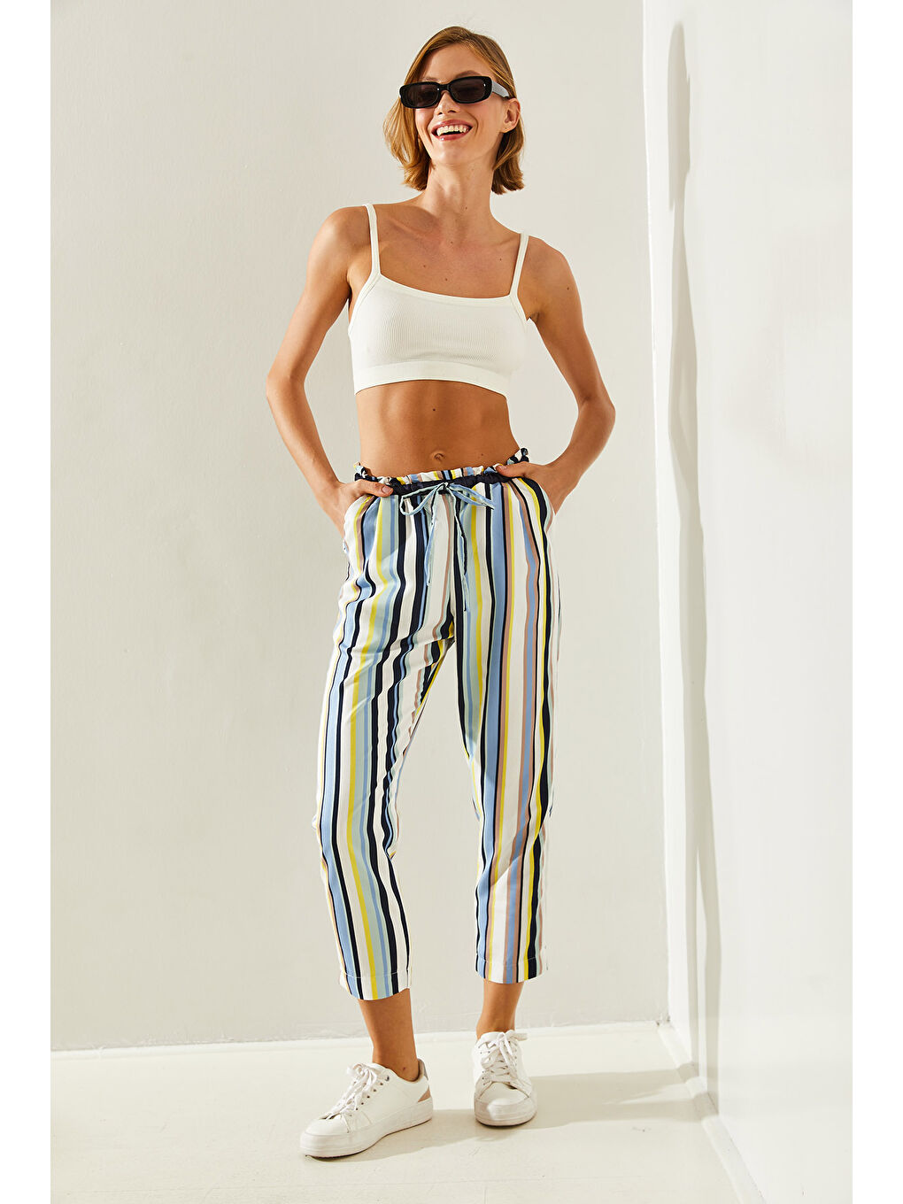 Ekru Çizgili Lastik Bel Bağlamalı Havuç Pantolon-4