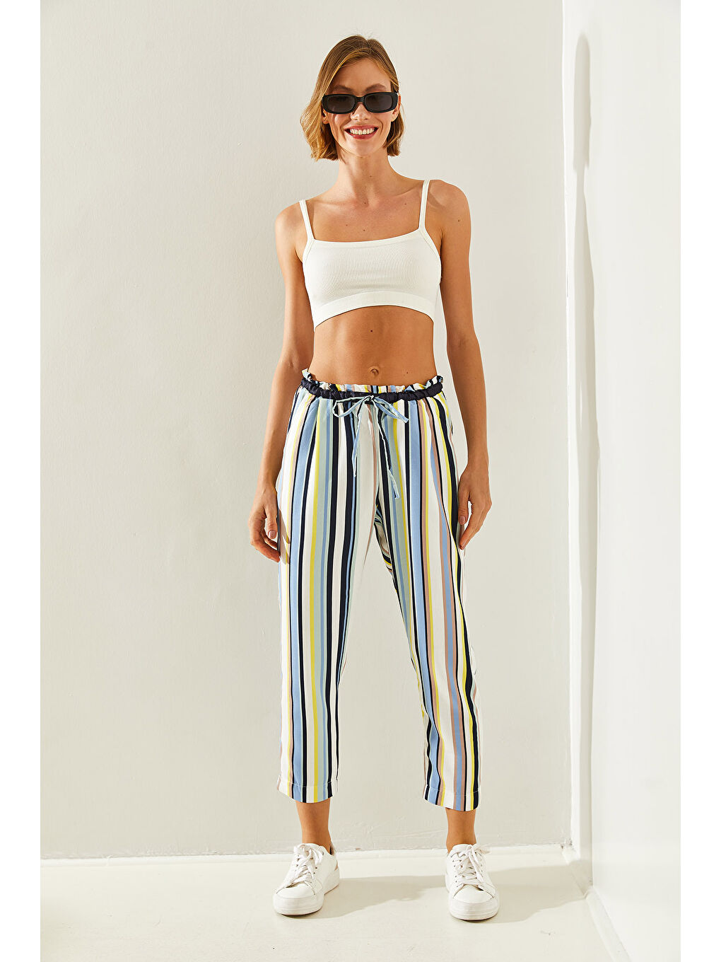 Ekru Çizgili Lastik Bel Bağlamalı Havuç Pantolon-5