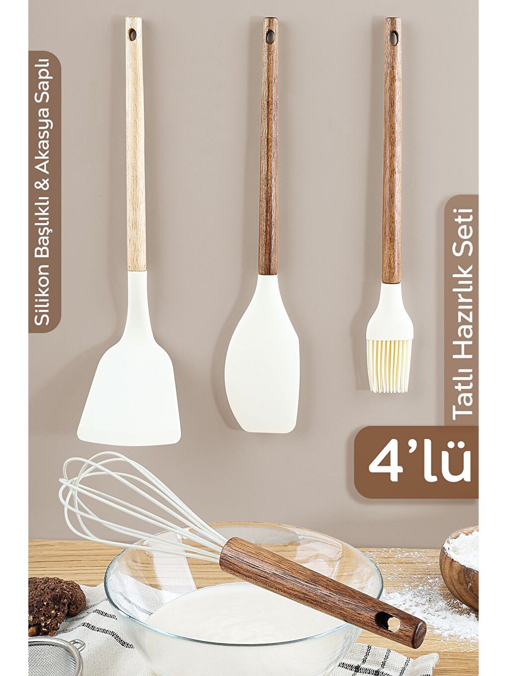 Bej 4 Parça Silikon Mutfak Hazırlık Seti Akasya Saplı Yanmaz Yapışmaz Çırpıcı Spatula Yumurta Fırçası