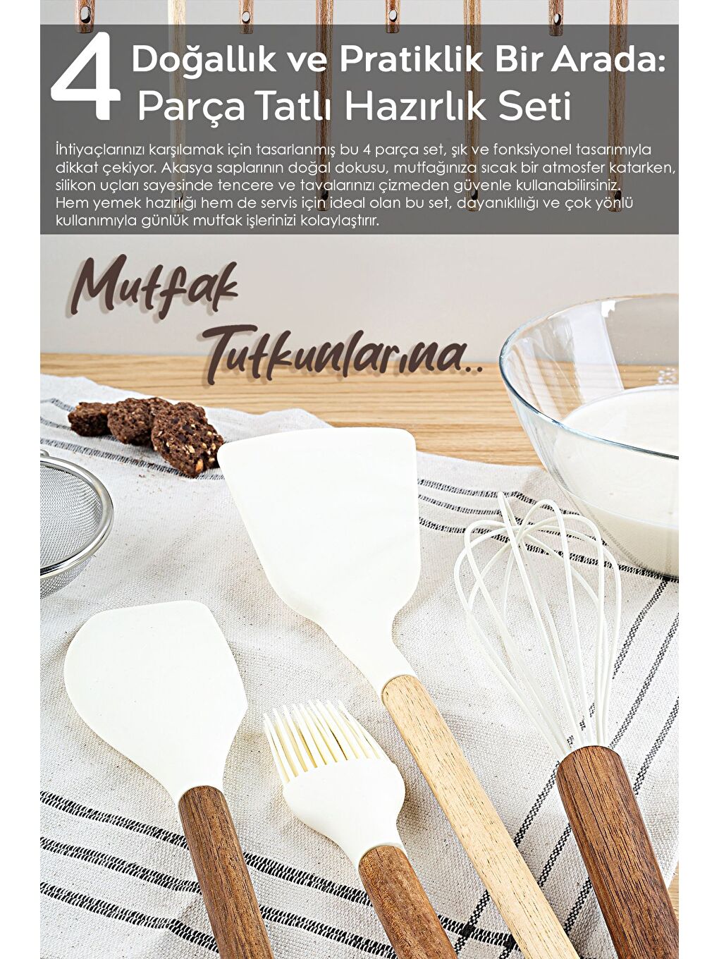 Bej 4 Parça Silikon Mutfak Hazırlık Seti Akasya Saplı Yanmaz Yapışmaz Çırpıcı Spatula Yumurta Fırçası-1