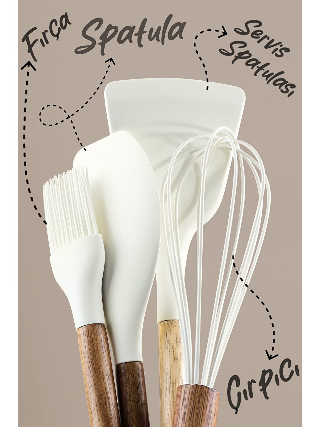 Bej 4 Parça Silikon Mutfak Hazırlık Seti Akasya Saplı Yanmaz Yapışmaz Çırpıcı Spatula Yumurta Fırçası-2