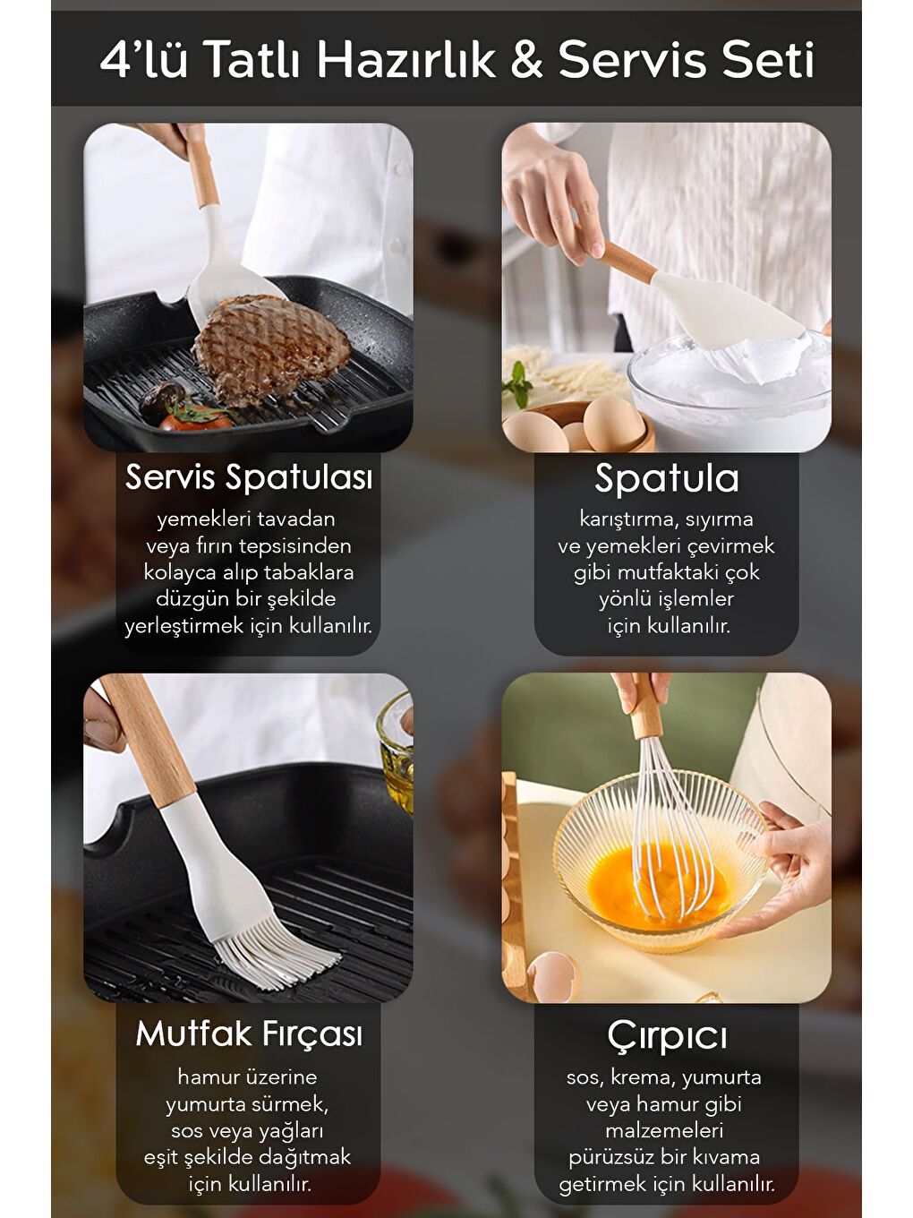Bej 4 Parça Silikon Mutfak Hazırlık Seti Akasya Saplı Yanmaz Yapışmaz Çırpıcı Spatula Yumurta Fırçası-3