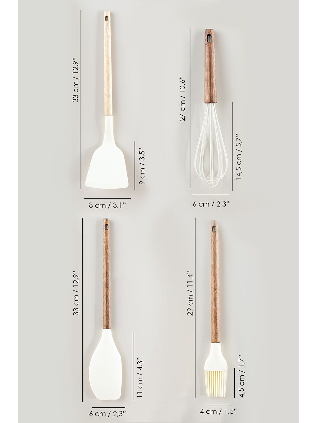 Bej 4 Parça Silikon Mutfak Hazırlık Seti Akasya Saplı Yanmaz Yapışmaz Çırpıcı Spatula Yumurta Fırçası-4