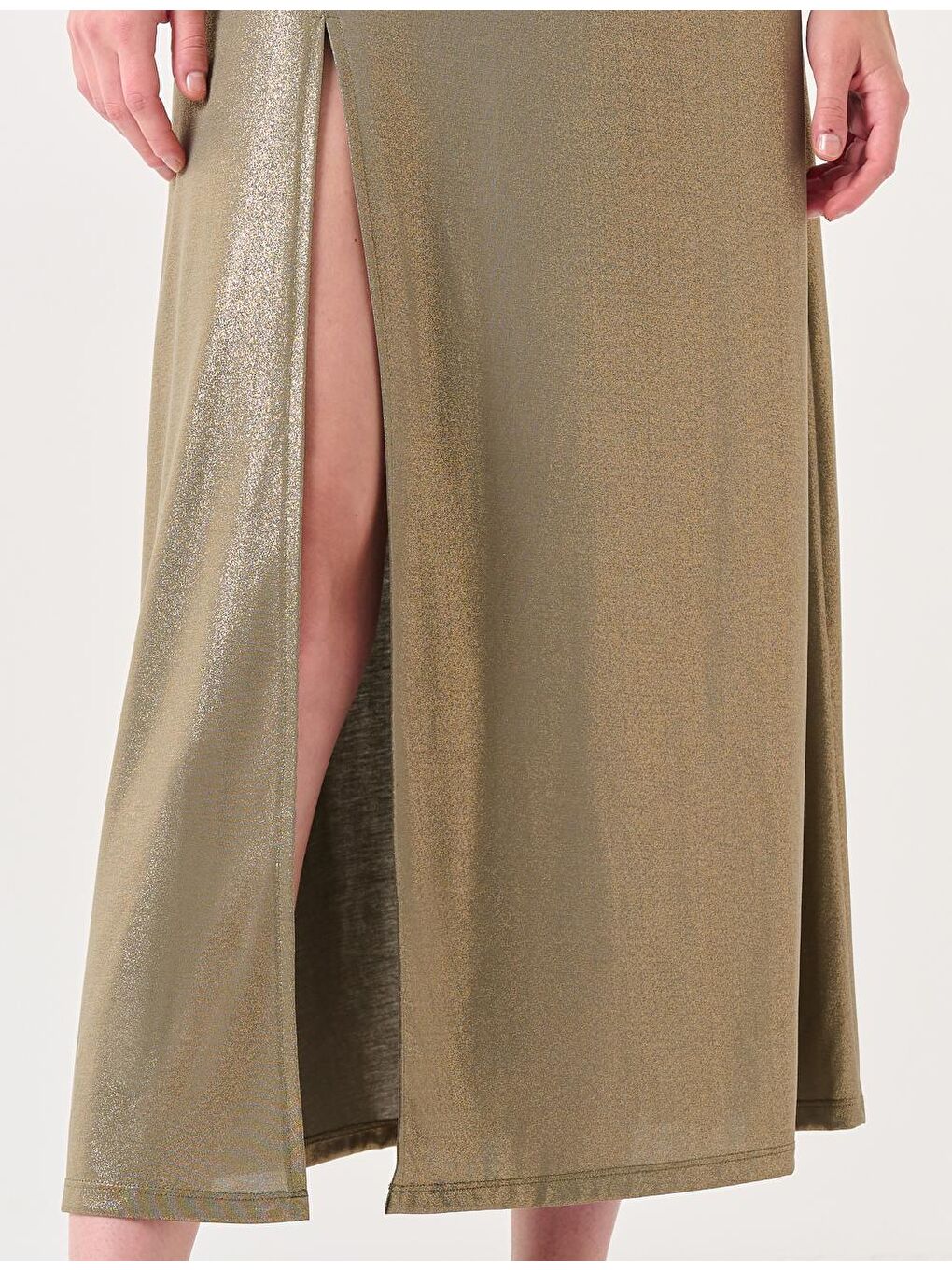 Haki Tek Omuz Parlak Yırtmaçlı Maxi Elbise-4