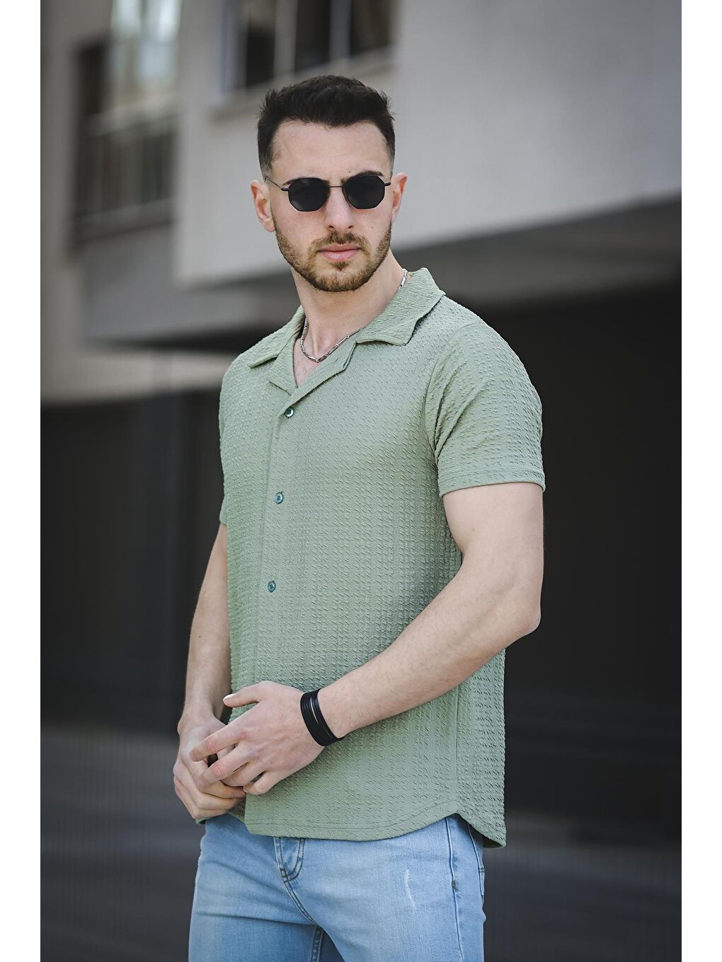 Oksit Yeşil Dokulu Slim Fit Full Likralı Kısa Kol Apaç Yaka Erkek Gömlek - 1