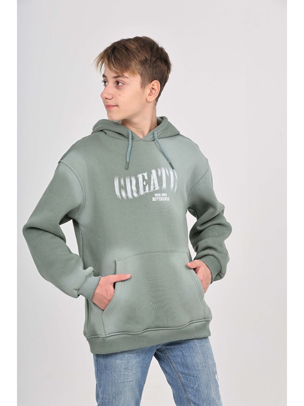 Yeşil Erkek Çocuk Relax Fit Kapüşonlu Cepli Baskılı Sweatshirt-1