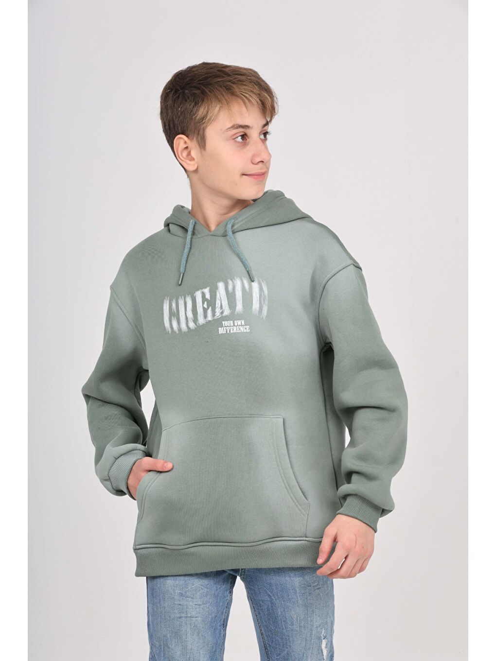 Yeşil Erkek Çocuk Relax Fit Kapüşonlu Cepli Baskılı Sweatshirt-2