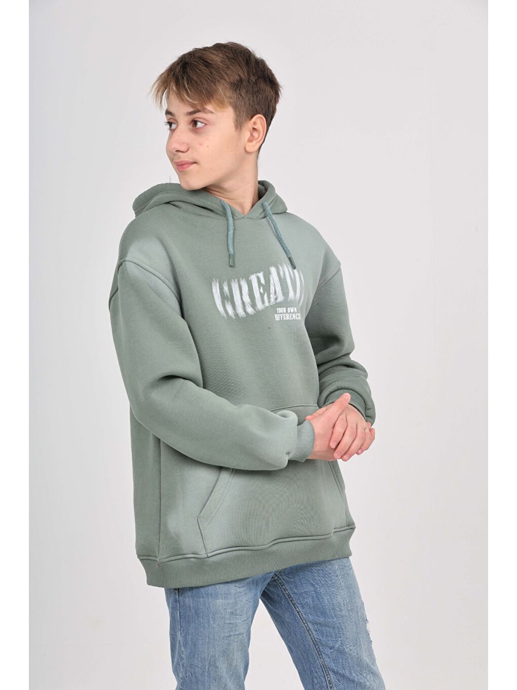 Yeşil Erkek Çocuk Relax Fit Kapüşonlu Cepli Baskılı Sweatshirt-3