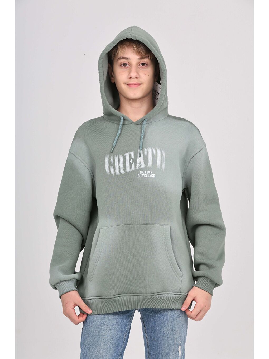 Yeşil Erkek Çocuk Relax Fit Kapüşonlu Cepli Baskılı Sweatshirt-4
