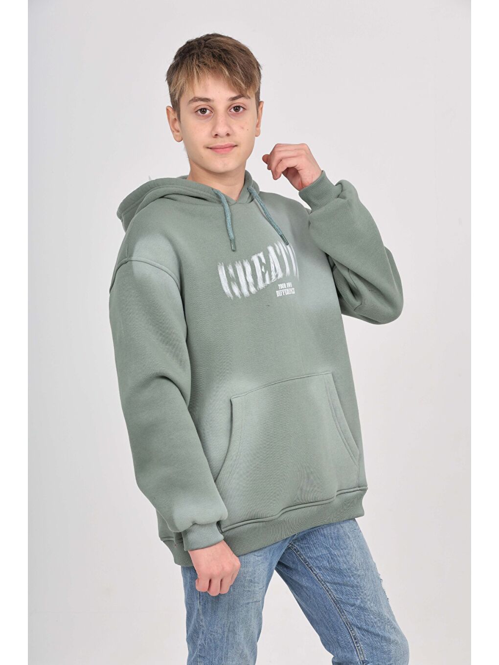 Yeşil Erkek Çocuk Relax Fit Kapüşonlu Cepli Baskılı Sweatshirt-5