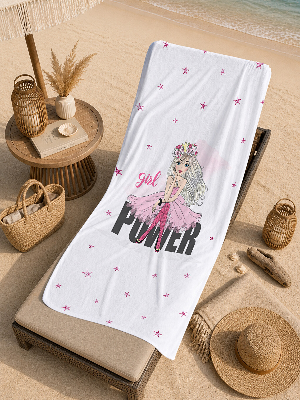 Pembe Pop Art Girl Power Yazılı Kız Figürlü Desenli 70x150 Plaj Havlusu - Dijital Baskılı Banyo Havlusu-1