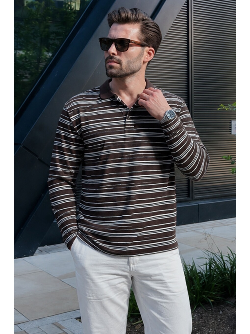 Kahverengi Regular Fit Çizgili Polo Yaka Erkek Tişört E7192-1