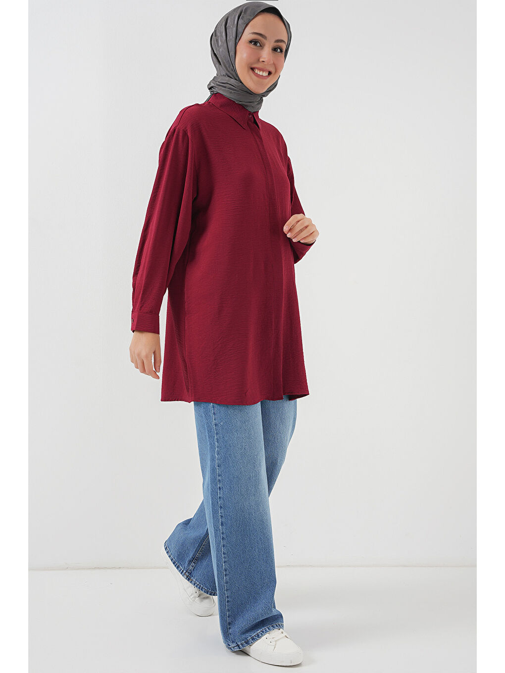 Kadın Uzun Gömlek Tunik 5945 - Bordo-1