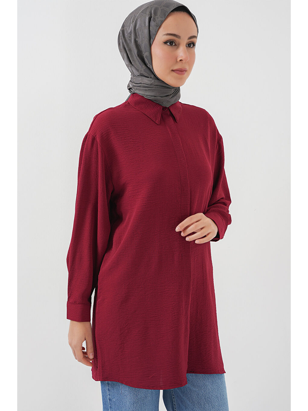 Kadın Uzun Gömlek Tunik 5945 - Bordo-2