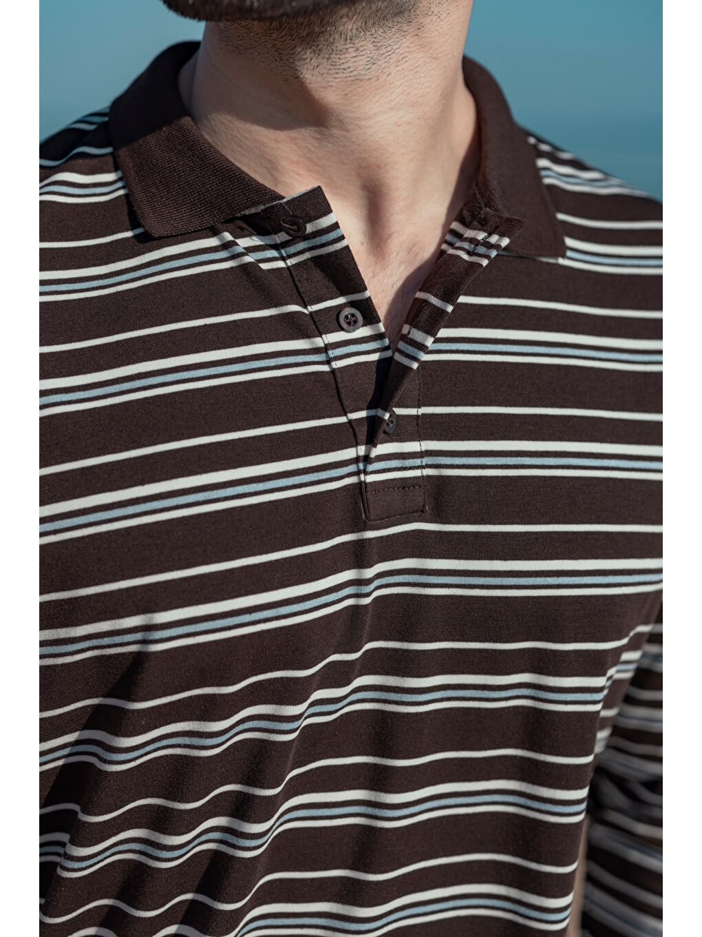 Kahverengi Regular Fit Çizgili Polo Yaka Erkek Tişört E7192-3