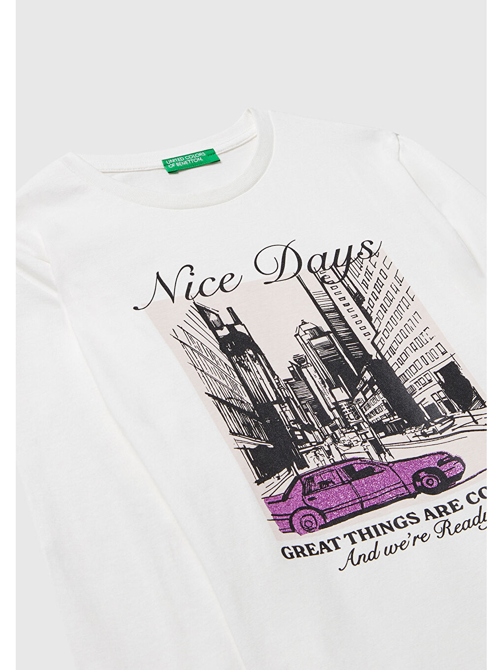 Kız Çocuk Ekru Önü Simli Baskılı Ribana Yakalı Uzun Kollu T-shirt-2