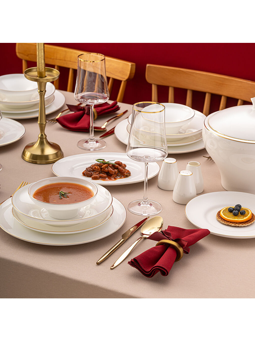 Beyaz Alicia Fine Bone 60 Parça 12 Kişilik Yuvarlak Yemek Takımı Gold-4