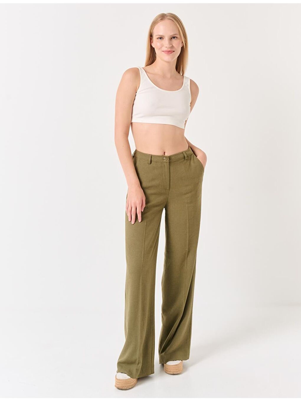 Haki Yüksek Bel Bol Paça Keten Pantolon-1