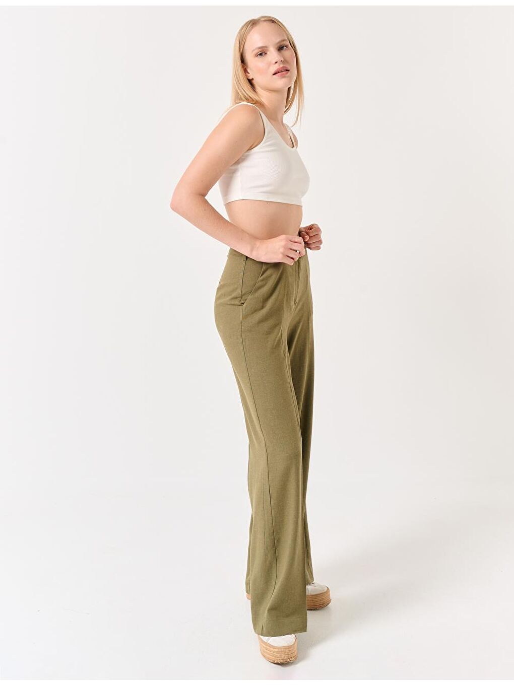 Haki Yüksek Bel Bol Paça Keten Pantolon-2