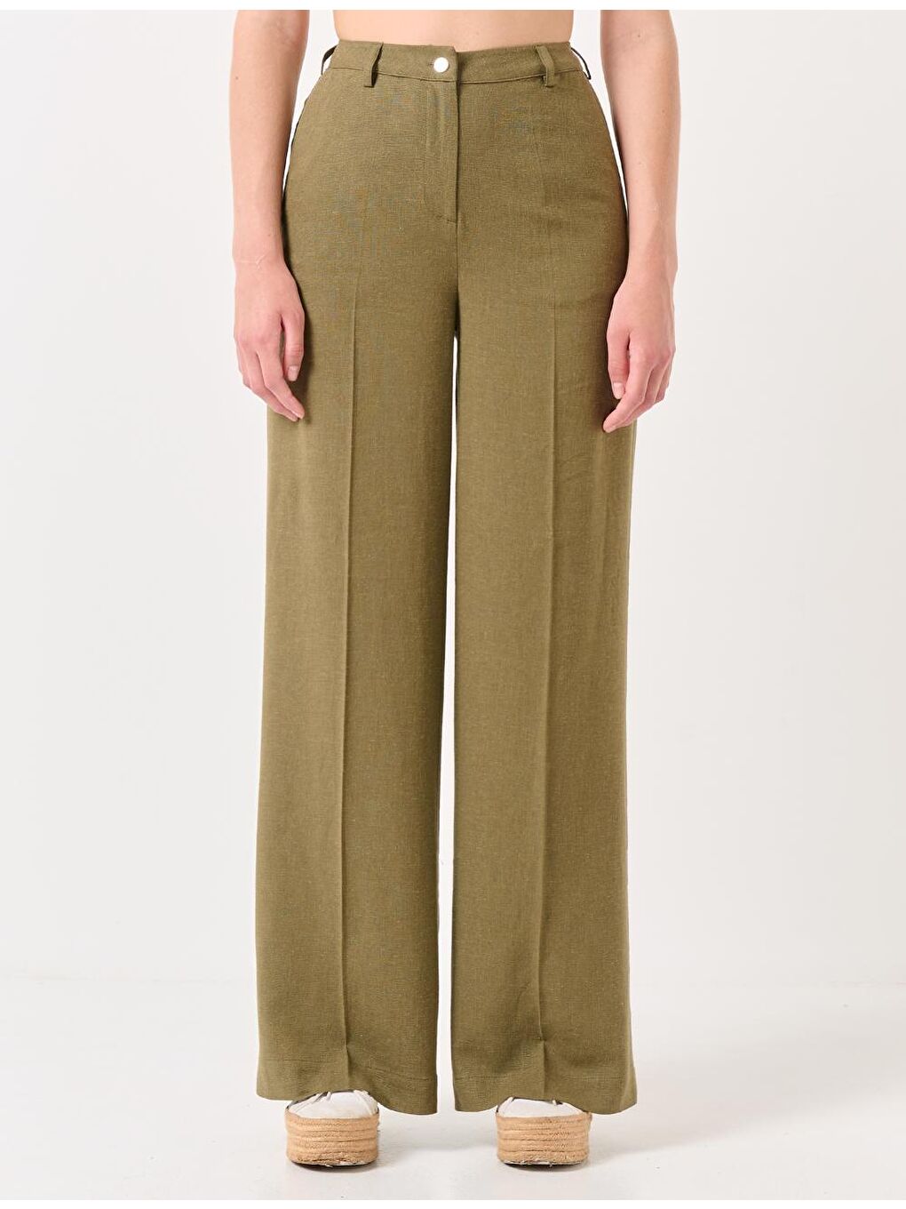 Haki Yüksek Bel Bol Paça Keten Pantolon-3