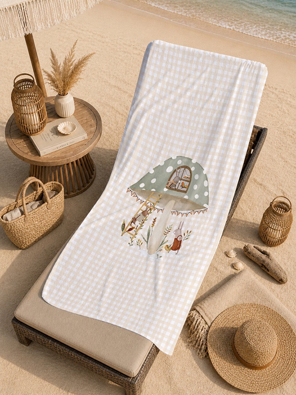Yeşil Masalsı Mantar Ev Orman Ve Peri Dostları Desenli 70x150 Plaj Havlusu - Dijital Baskılı Banyo Havlusu-1