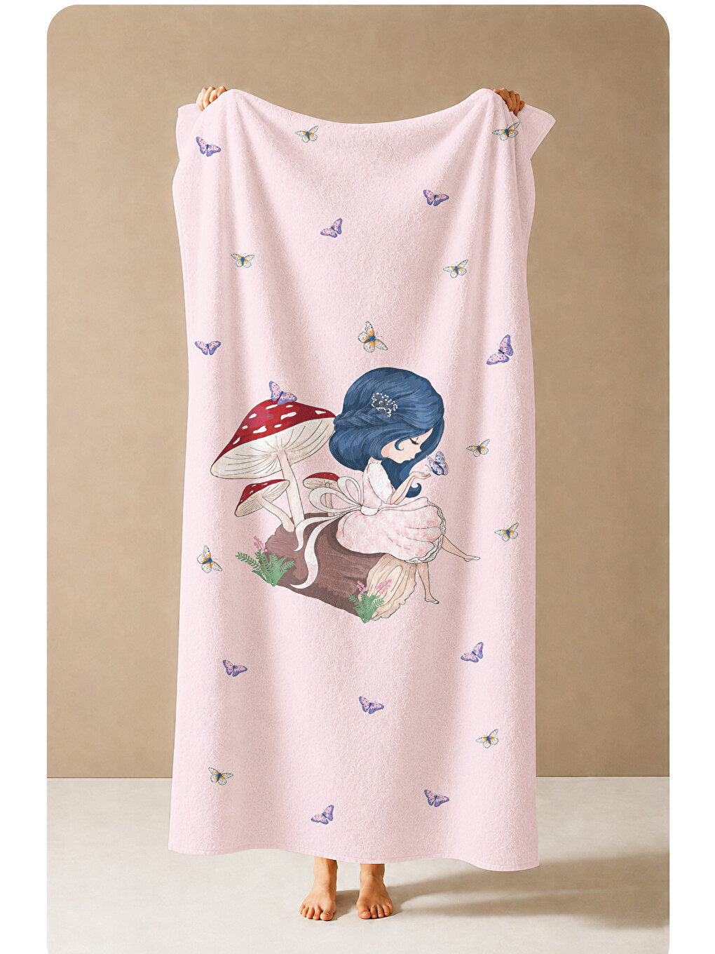 Masalsı Mantar Ve Peri Kızı Pembe Desenli 70x150 Plaj Havlusu - Dijital Baskılı Banyo Havlusu