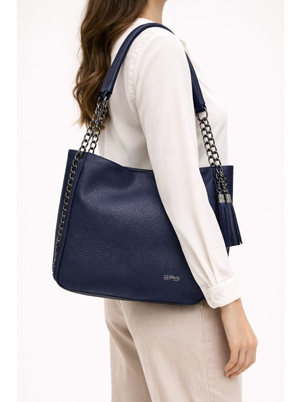 Lacivert Kadın Hakiki Deri Görünümlü Zincir Askılı Omuz Çantası 12653-1