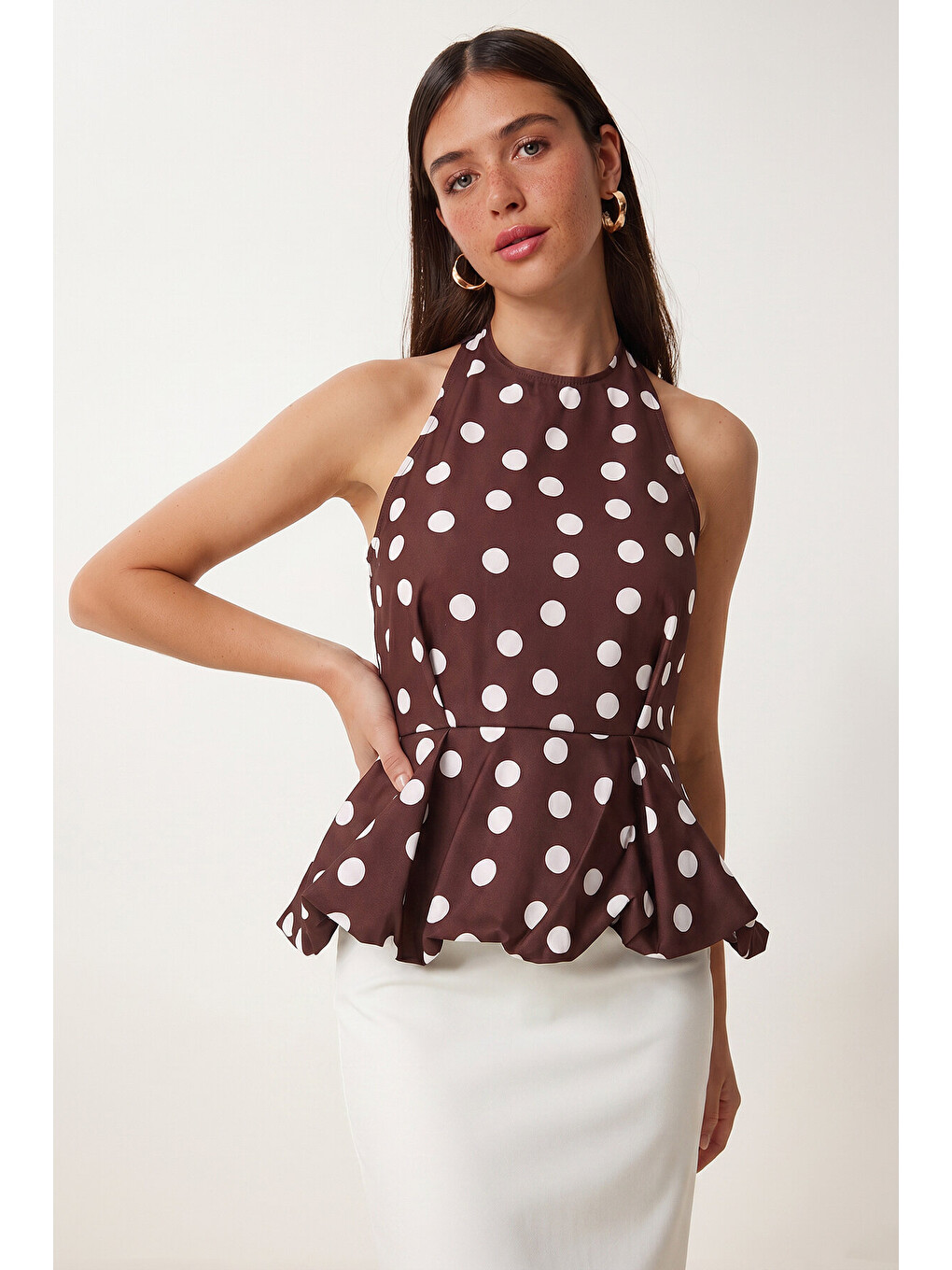 Kahverengi Puantiye Desenli Balon Dokuma Bluz KAHVERENGİ LZV0070-1