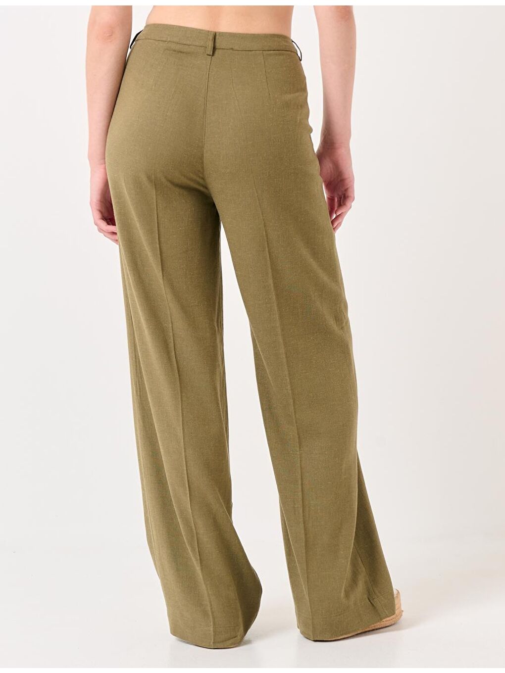 Haki Yüksek Bel Bol Paça Keten Pantolon-5