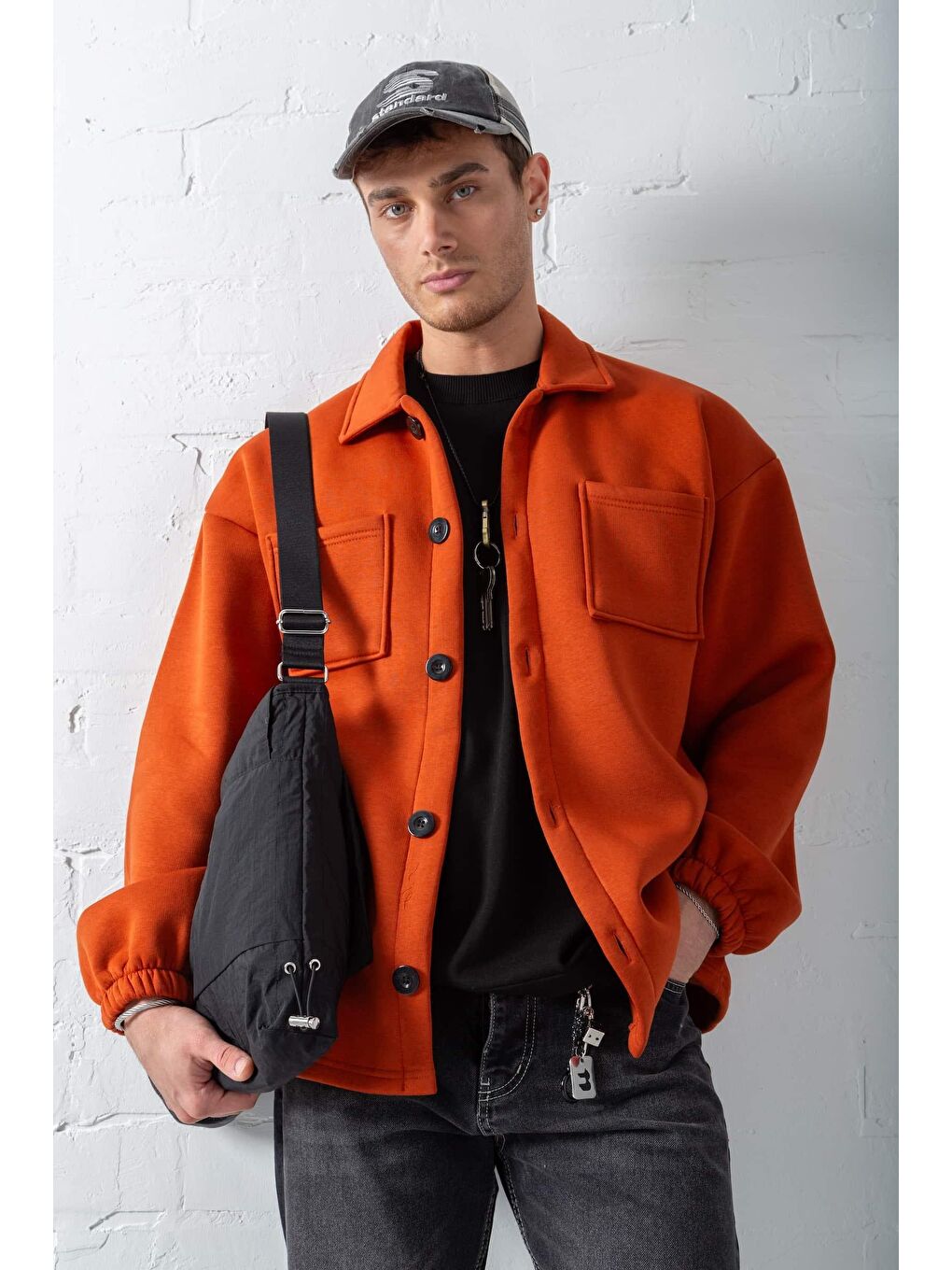 Kahverengi Erkek Oversize Basic Rahat Ceket Kiremit