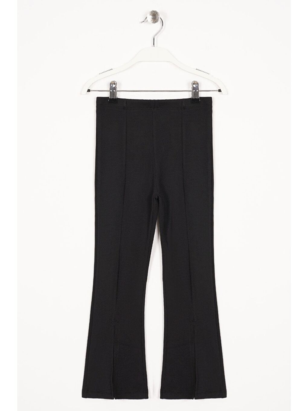 Ön Paçası Yırtmaç Detaylı Fitilli Siyah Renk Kız Çocuk Tayt