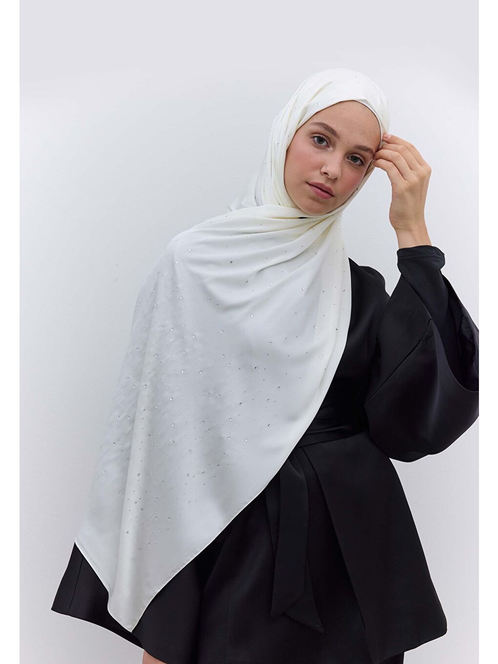Strass Taşlı İpeksi Şal Ekru-2