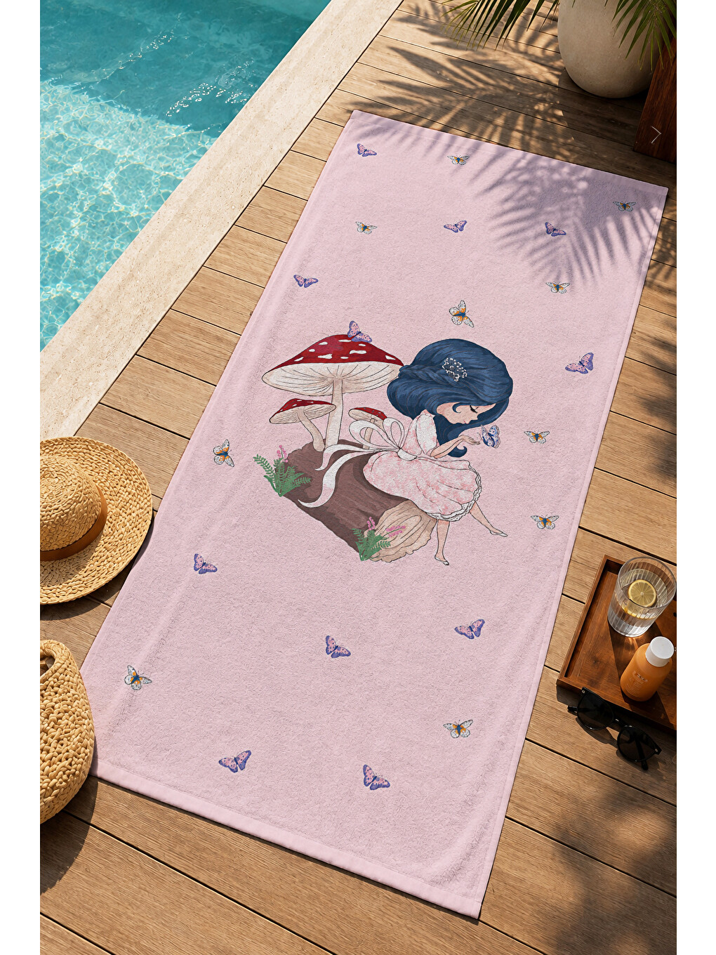 Masalsı Mantar Ve Peri Kızı Pembe Desenli 70x150 Plaj Havlusu - Dijital Baskılı Banyo Havlusu-1