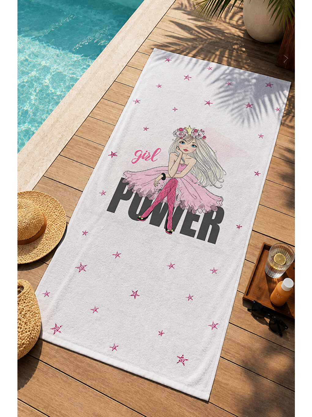 Pembe Pop Art Girl Power Yazılı Kız Figürlü Desenli 70x150 Plaj Havlusu - Dijital Baskılı Banyo Havlusu-3