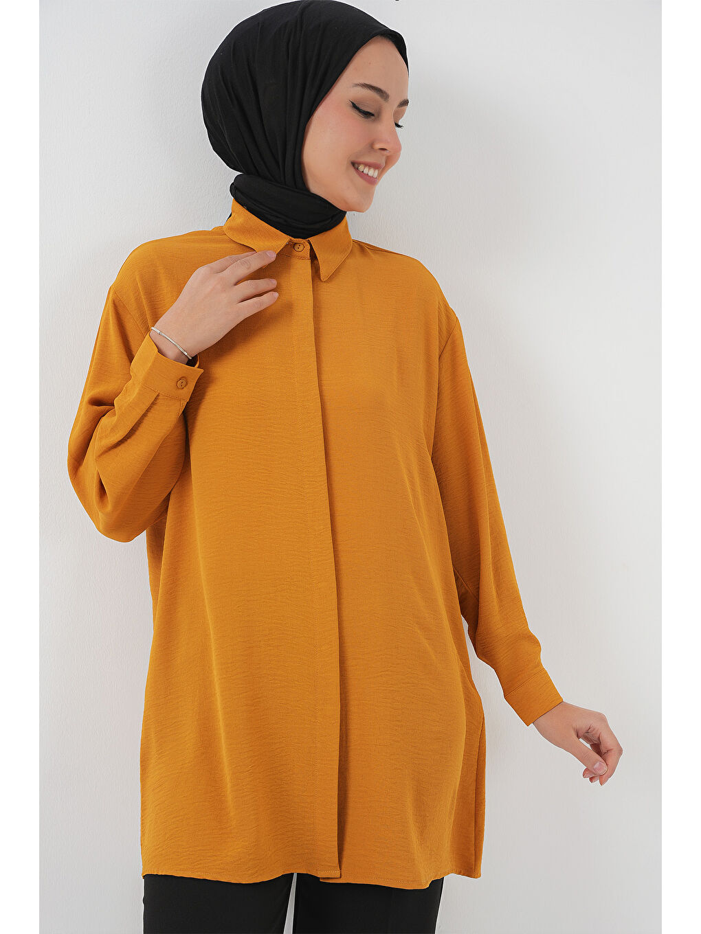 Sarı Kadın Uzun Gömlek Tunik 5945 - Hardal-3
