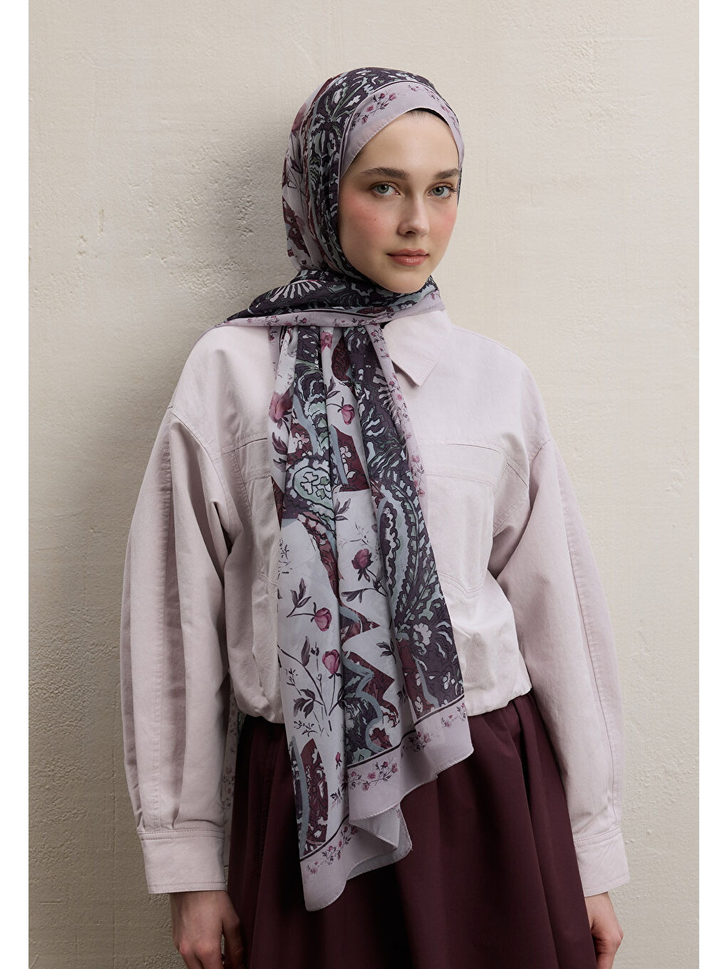 Pembe Alıza Desen İpek Krep Şal Gül Kurusu