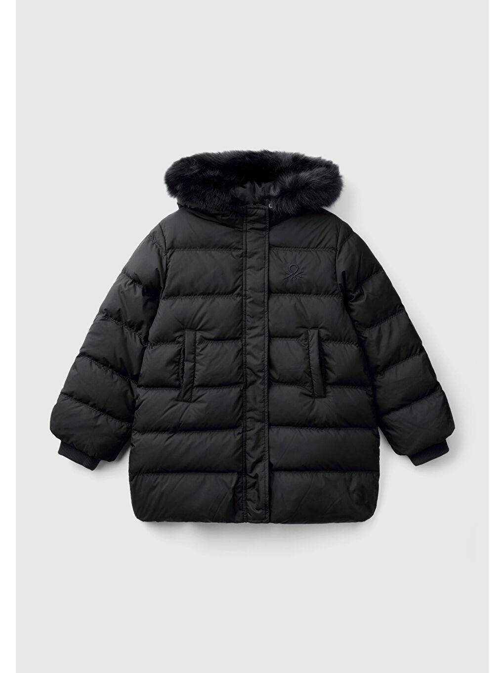 Kız Çocuk Siyah Sol Göğsü Logolu Çıkarılabilir Kapüşonlu Uzun Kuş Tüyü Ceket