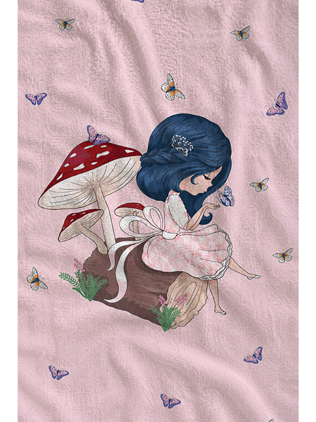 Masalsı Mantar Ve Peri Kızı Pembe Desenli 70x150 Plaj Havlusu - Dijital Baskılı Banyo Havlusu-2