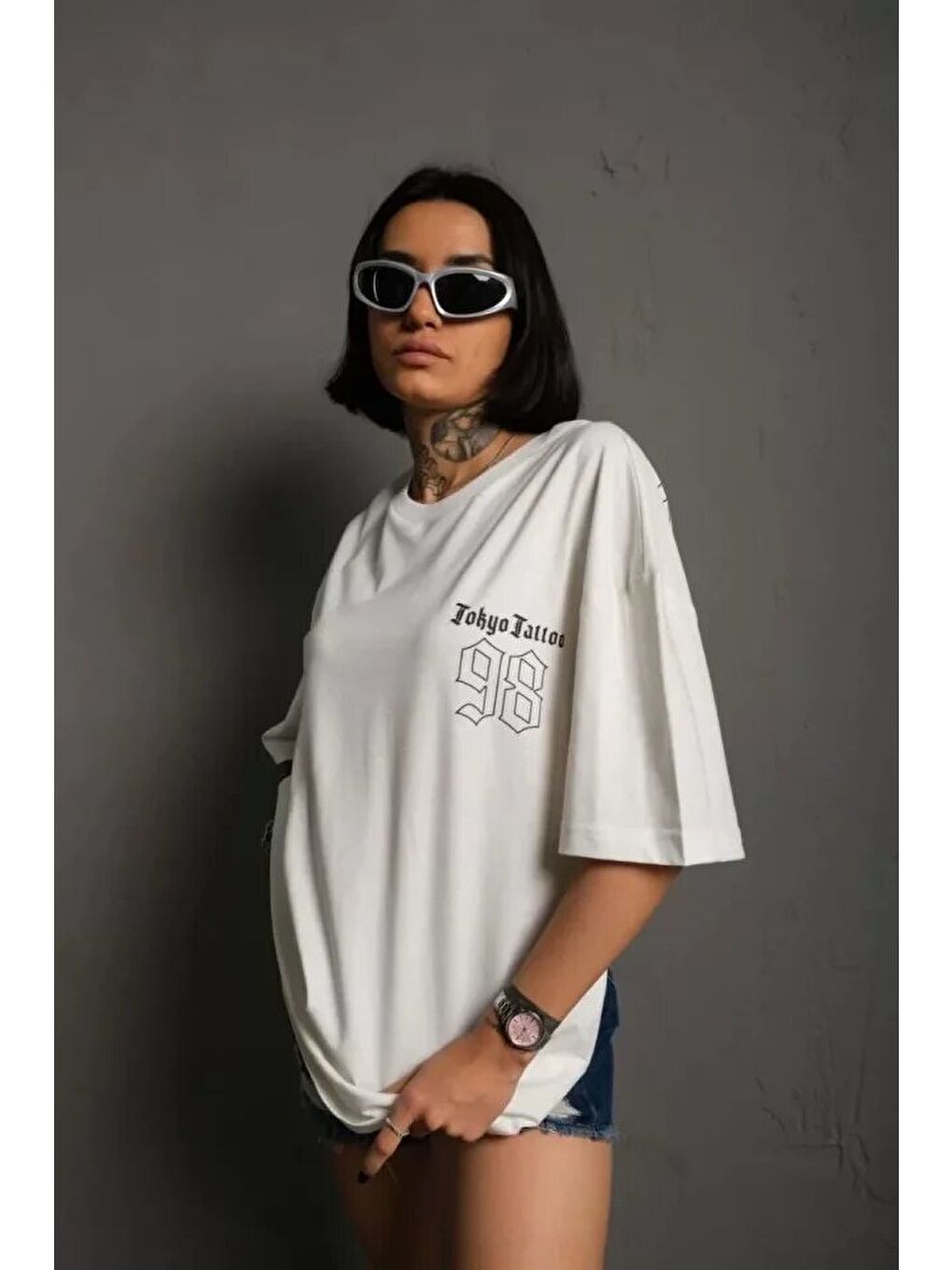 Unisex Bisiklet Yaka Baskılı Oversize T-Shirt - Beyaz-1