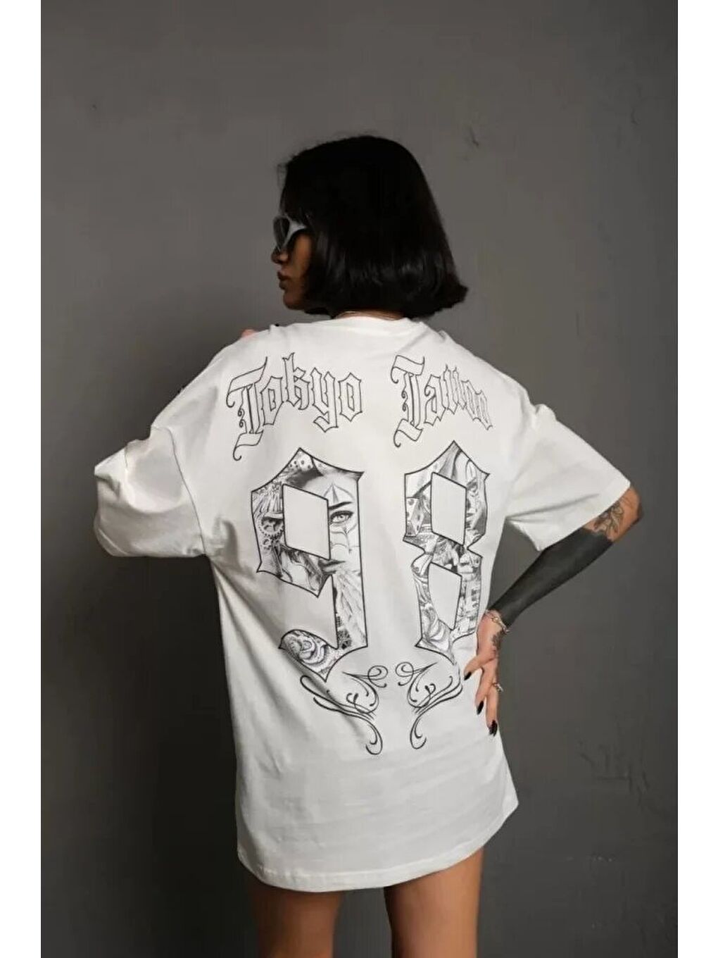 Unisex Bisiklet Yaka Baskılı Oversize T-Shirt - Beyaz-2