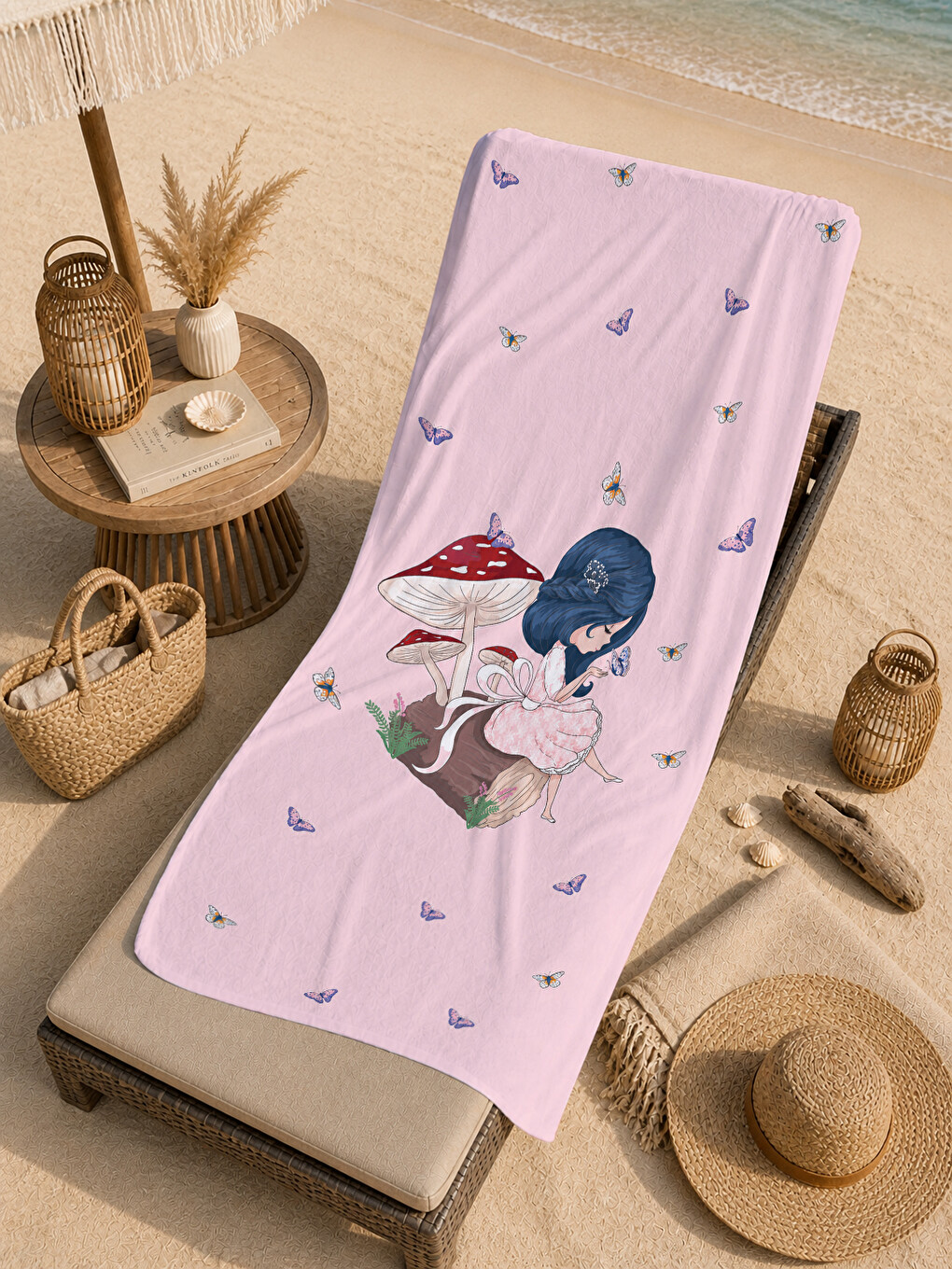 Masalsı Mantar Ve Peri Kızı Pembe Desenli 70x150 Plaj Havlusu - Dijital Baskılı Banyo Havlusu-3